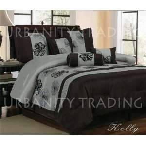Kelly 7Pc Comforter Set Grey, Black Floral Bed in a bag Queen Size 