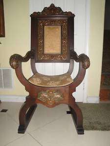 Antique Carved Gothic Revival Throne Arm Chair 1850  