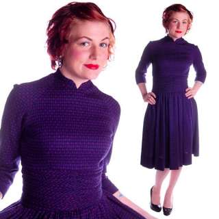 Vintage Dress 1940s Violet Blue Checked Size 4 6  
