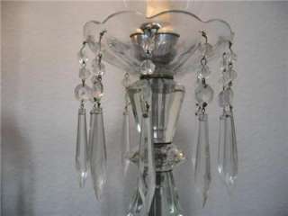 Pair Vintage Crystal Prism Lustre Lamp Lamps Hurricane Etched Glass 