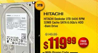 HITACHI Deskstar 3TB 5400 RPM 32MB Cache SATA 6.0Gb/s HDD  Bare Drive