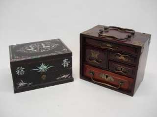 TWO OLD CHINESE BOXES, LACQUERED WOOD BOX W MOP & WOOD JEWELRY BOX 