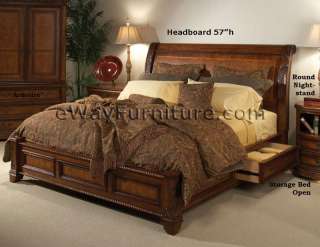   Low Profile Sleigh Storage Bed Bedroom Set Hardwood Furniture  