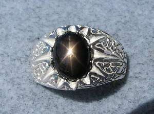 MENS 10X8MM ALL NATURAL BLACK STAR SAPPHIRE S/S RING  