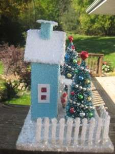   Style Putz House  Decorated bottle brush trees, Snowman, Santa  