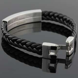   Steel Black Leather Name Tag Silver Tone Mens Bracelet  