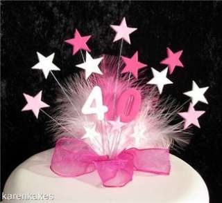 40th BIRTHDAY CAKE TOPPER PINKS & WHITE WITH FEATHERS  