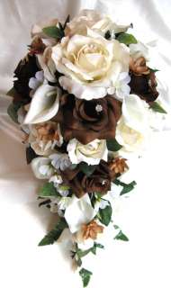   Bouquet Bridal Silk flowers CREAM BROWN CALLA LILY 17pc pew bows