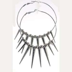  Silver Beads & Spikes Large Hoop Dangle Earrings Jewelry