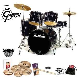 Gretsch Nighthawk 5 Piece Black Drum Set (NH 525PK BK) With Sabian B8 