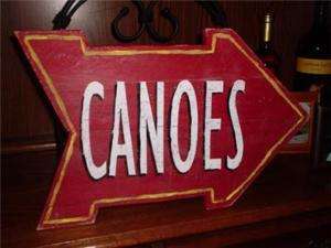 CANOES Sign Hand Painted wood Camp Arrow Canoe Sign Red  