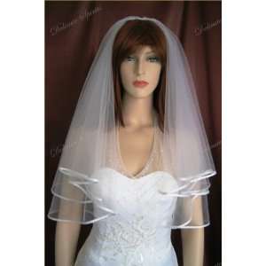    2T White Fingertip Plain Satin Hem Bridal Wedding Veil Beauty