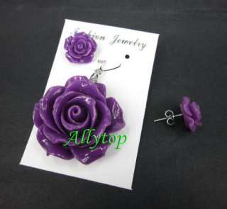 Set Rose Pendant Charm Stud Earring Purple Jewelry  