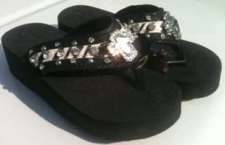 Black Diamond Cut Crystal Concho Western Rhinestone Flip Flop Sandals 