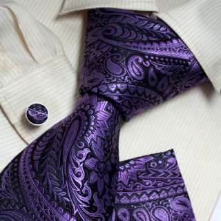 H6106 purple dark gray paisley gift for holiday silk necktie cufflinks 