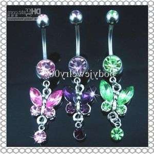 DANGLING BAR BELLY NAVEL RING BUTTERFLY GREEN PINK CLEAR CZ FST USA 