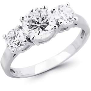14K Solid White Gold 3 Three Stone Cubic Zirconia CZ Engagement Ring 1 