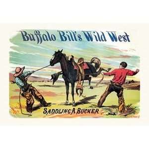 Buffalo Bill Saddling a Bucker   12x18 Framed Print in Black Frame 