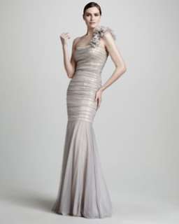 T4S87 Rickie Freeman for Teri Jon One Shoulder Ruched Tulle Gown