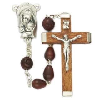 Brown Oval Coco w Carved Wood Bead Mary Crucifix Rosary  
