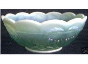 Opalescent Glass Bowl Green Cherry Pattern Bowl Mosser  