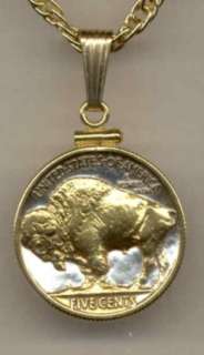 Gold on Silver Coin U.S. Buffalo Nickel Necklace in Gold Filled Plain 