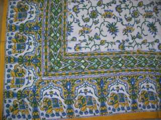  SQUARE GREEN BLUE YELLOW WHITE INDIAN COTTON TABLE CLOTH THROW  