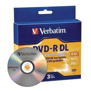  Verbatim 4X 8.5GB DVD R Dual Layer DL Media 3 Pack in 