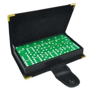  Domino Double 6 in Leather Box Green Jumbo Tournament Size 