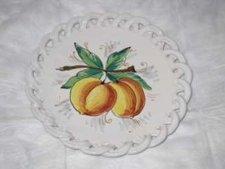 Vtg Italian Art Pottery Hand Painted Fruit Lattice Rim White Glaze 