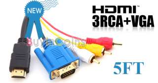 Gold HDTV HDMI to VGA HD15 3 RCA Adapter Cable 5ft 1.5M  