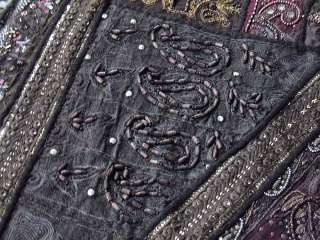 Vintage Sari Indian Bedding Ethnic Wood Beadwork Black Bedspread 