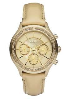 DKNY BEIGE LEATHER,GOLD CASE,CRYSTALS,MOP DIAL,CHRONOGRAPH WATCH 