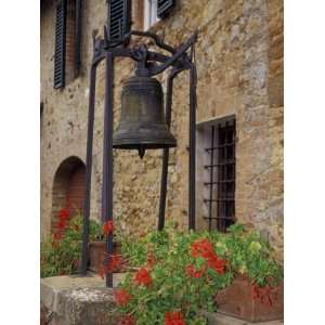  Bronze Bell, Geraniums and Farmhouse, Tuscany, Italy 