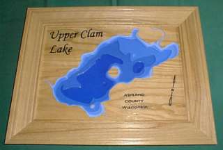 UPPER CLAM LAKE oak 3d map wall art carving fishing gift Ashland Co 
