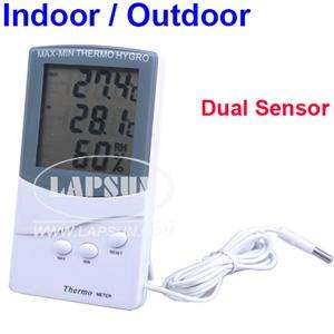 LCD Display Indoor Outdoor Digital Thermometer Hygrometer Dual Sensor 
