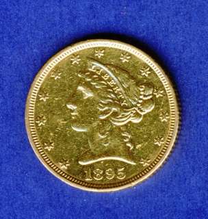 1895 $5 DOLLAR LIBERTY GOLD COIN AU DETAIL ALL SHINED UP  
