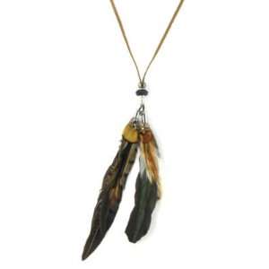 New wTag Michelle Roy Design Lt Brown Feather Crystal Lariat Necklace 