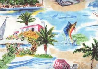   SUMMER SURF FISHING BEACH RIVIERA VINTAGE FABRIC NATURAL  