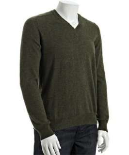 Martin Margiela dark green wool v neck elbow patch sweater   