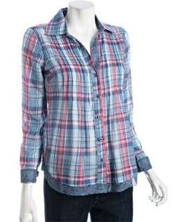Willow & Clay blue and red plaid cotton pintucked blouse   up 