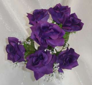 42 OPEN ROSES ~ DARK PURPLE Soft Silk Wedding Flowers Bouquets DIY 