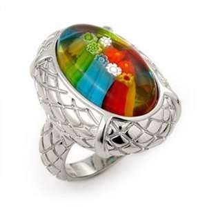  Murano Glass Millefiori Multi Color Oval Sterling Silver Ring 