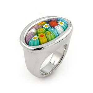 Millefiori Murano Glass Multi Color Oval Ring With Electroform Silver 