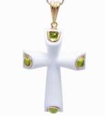 White Chalcedony Carved Cross Pendant, Solid Gold