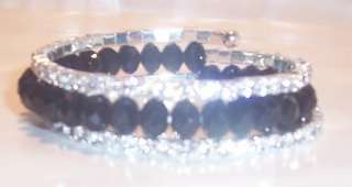 Gorgeous flexible crystal & genuine glass bead bangle in silver 