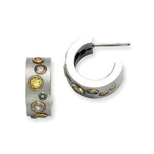   Steel Satin with Multicolor CZs Post Hoop Earrings Chisel Jewelry