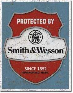 Vintage Retro Tin Sign Protected By Smith And Wesson  