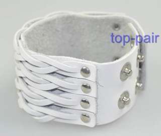 Wide Quality White Leather Braided Charm Bracelet Cuff  