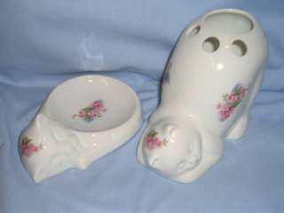 Cat Soap Dish/Toothbrush Holder Pink Fired Decals White  